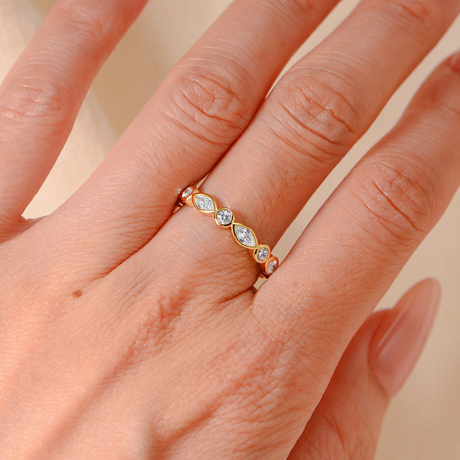 925 Sterling Silver Geometric Round Marquise-Cut Zircon Ring
