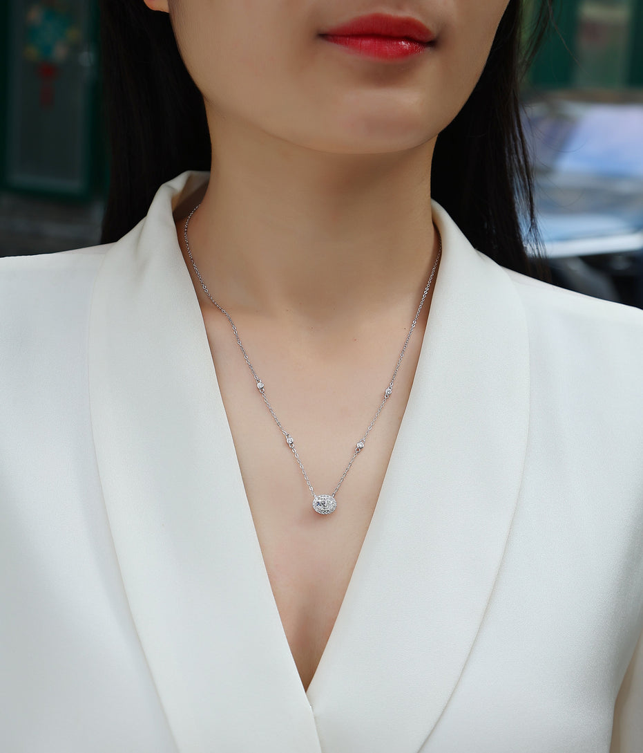 Egg-Shape Moissanite Pendant Necklace | Platinum S925 Silver | Minimalist