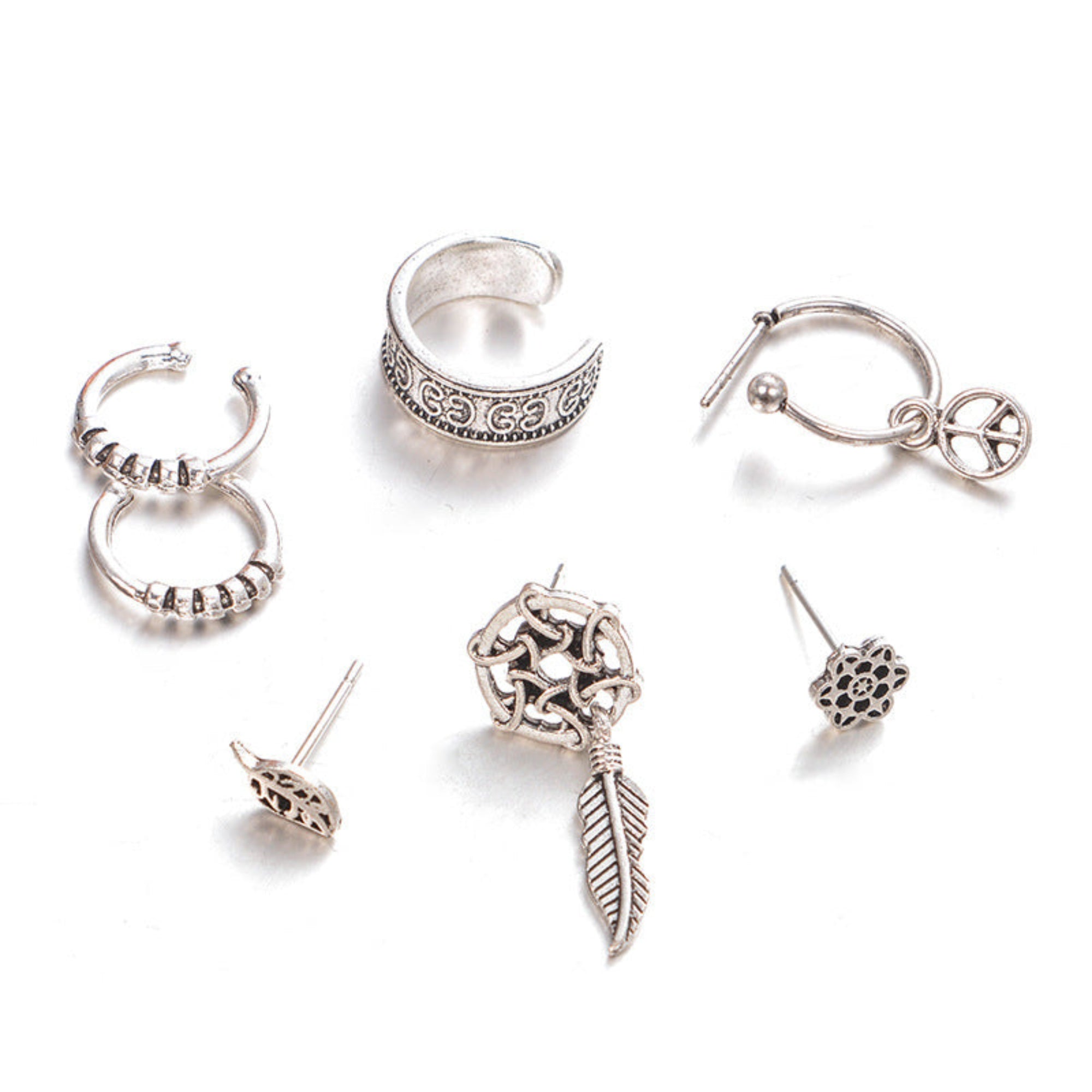 Antique Silver Bohemian Earring Set 7 Pieces