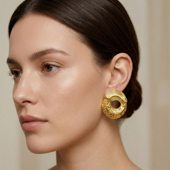 Textured Gold Circle Statement Earrings