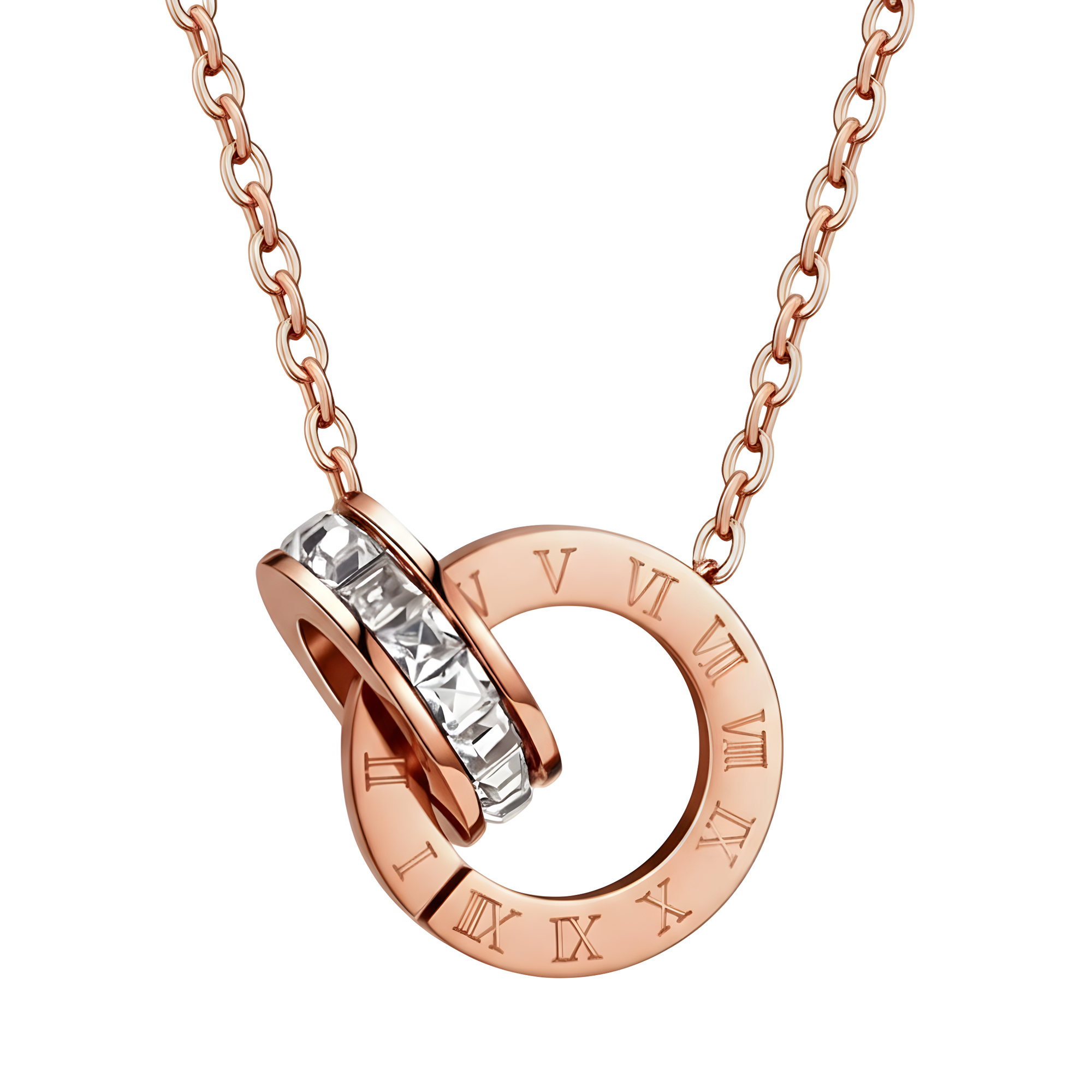 Rose Gold Roman Numeral Interlocking Necklace