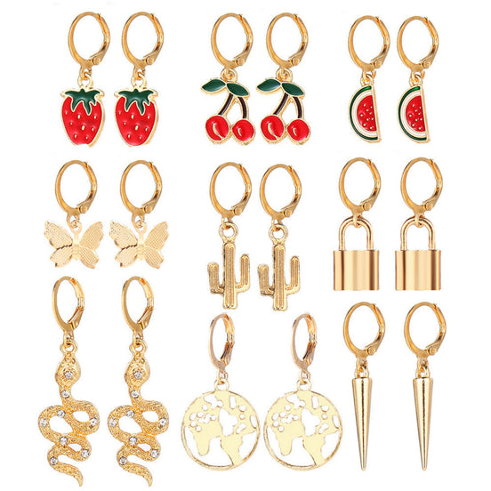 Gold Charm Hoop Earring Set 9 Pieces