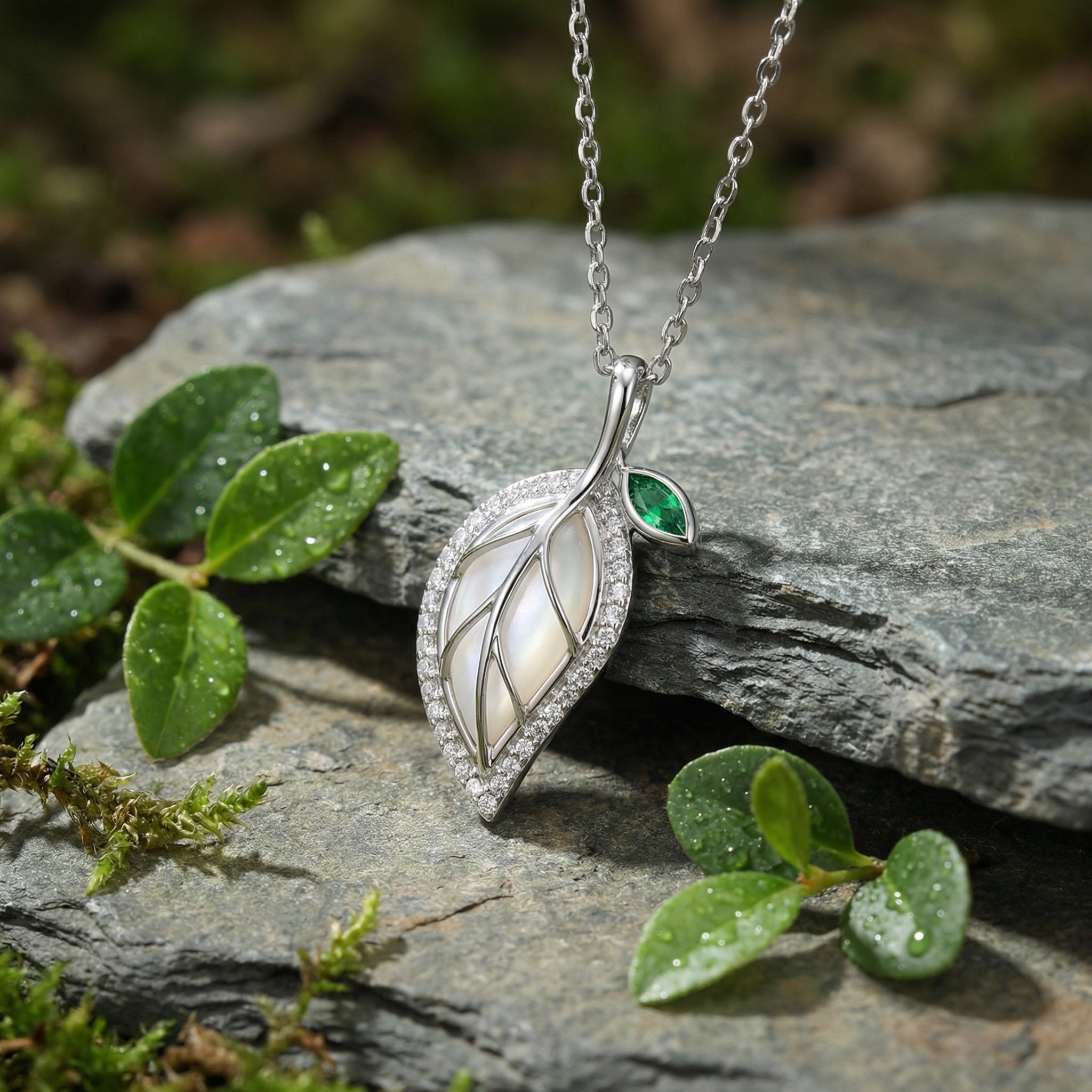 925 Sterling Silver Leaf Necklace with Green Gemstone