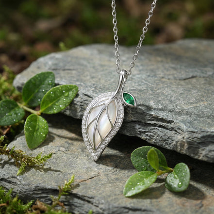 925 Sterling Silver Leaf Necklace with Green Gemstone