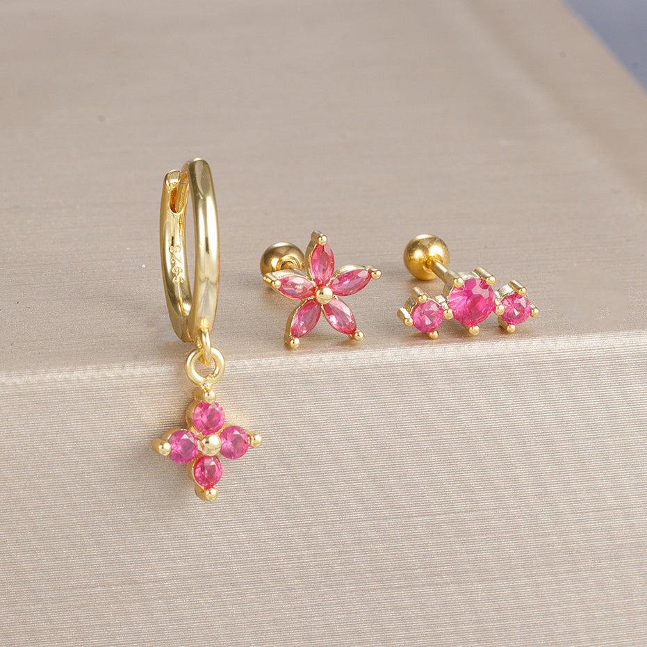 Gold-Plated Silver Ruby-Pink CZ Earring Set