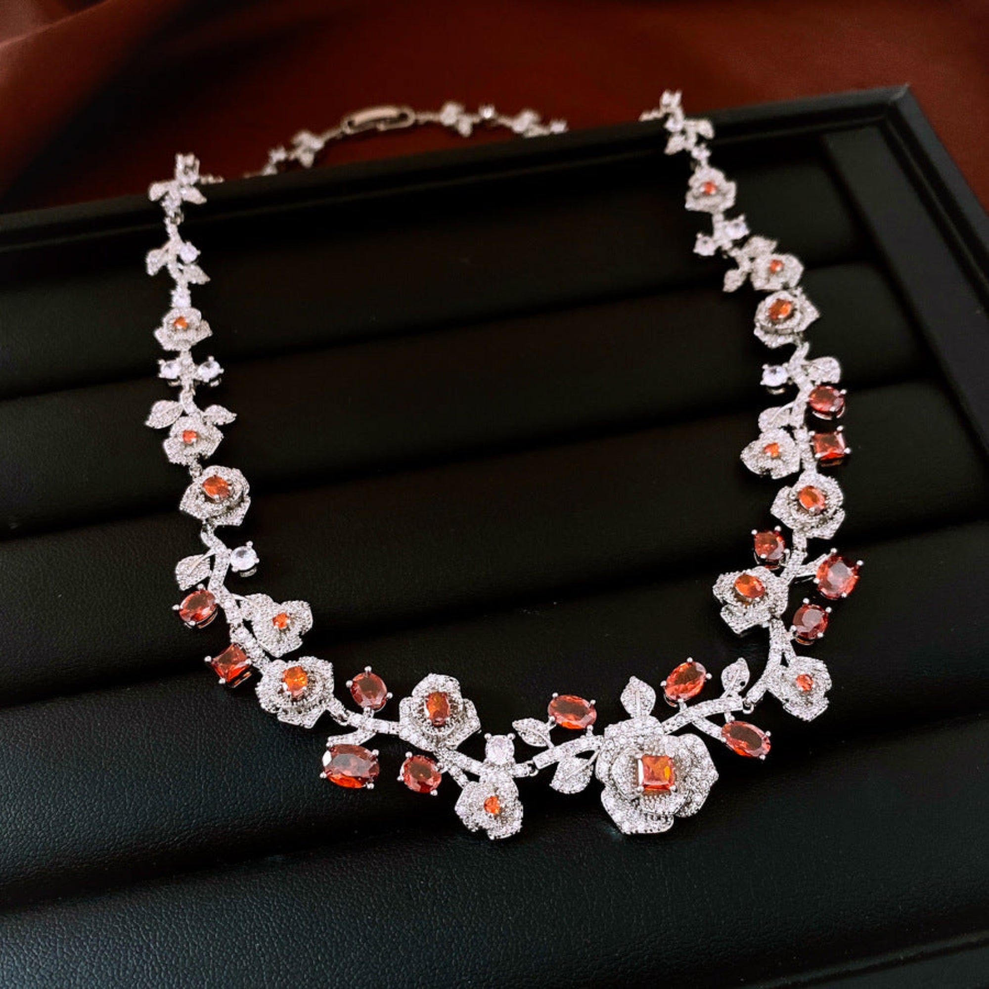 Retro Zircon Rose Flower Earrings & Necklace Set