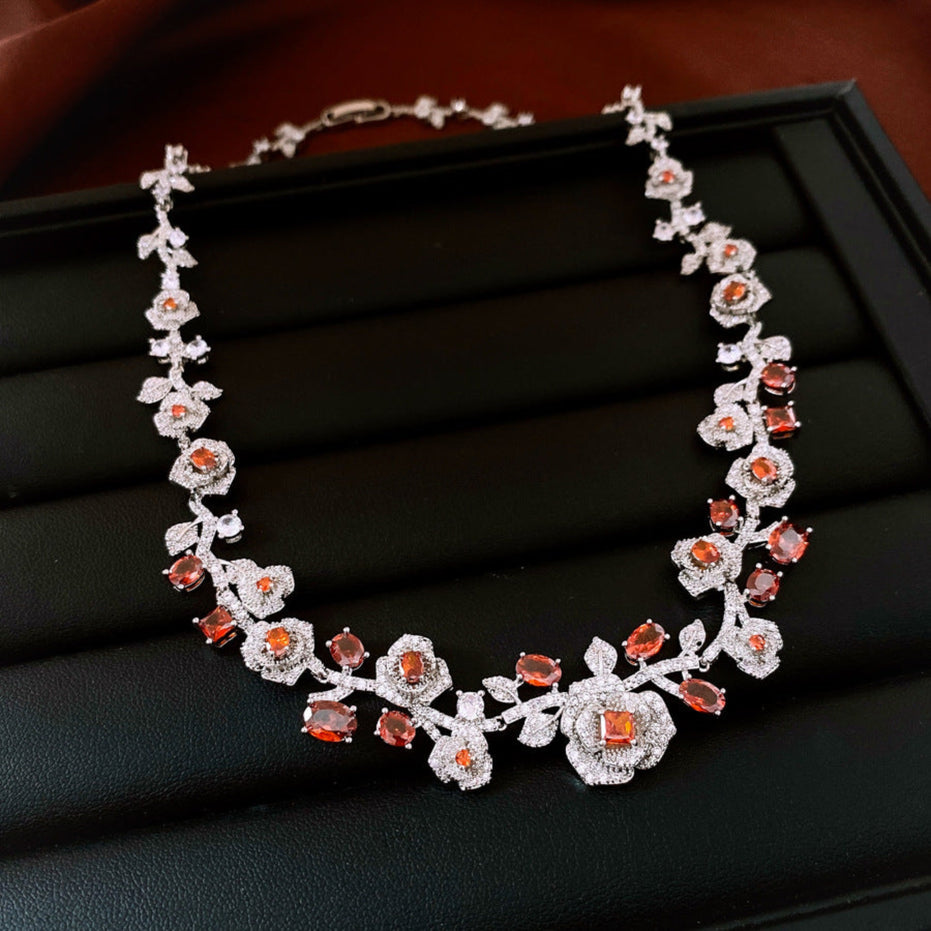 Retro Zircon Rose Flower Earrings & Necklace Set
