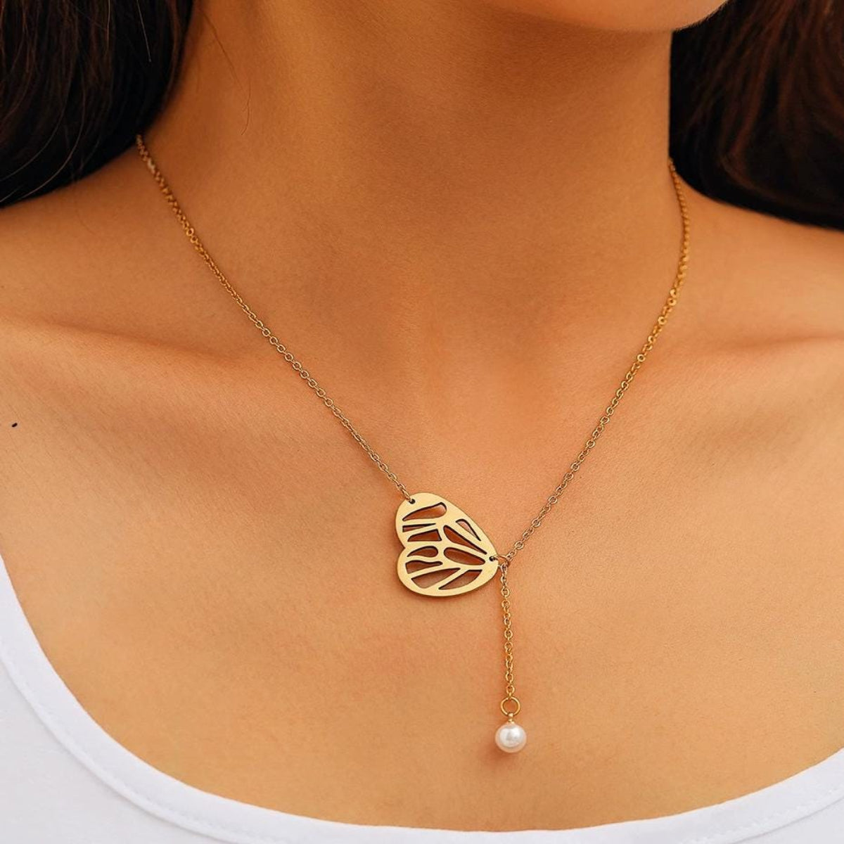 Heart Lariat Necklace with Pearl Charm