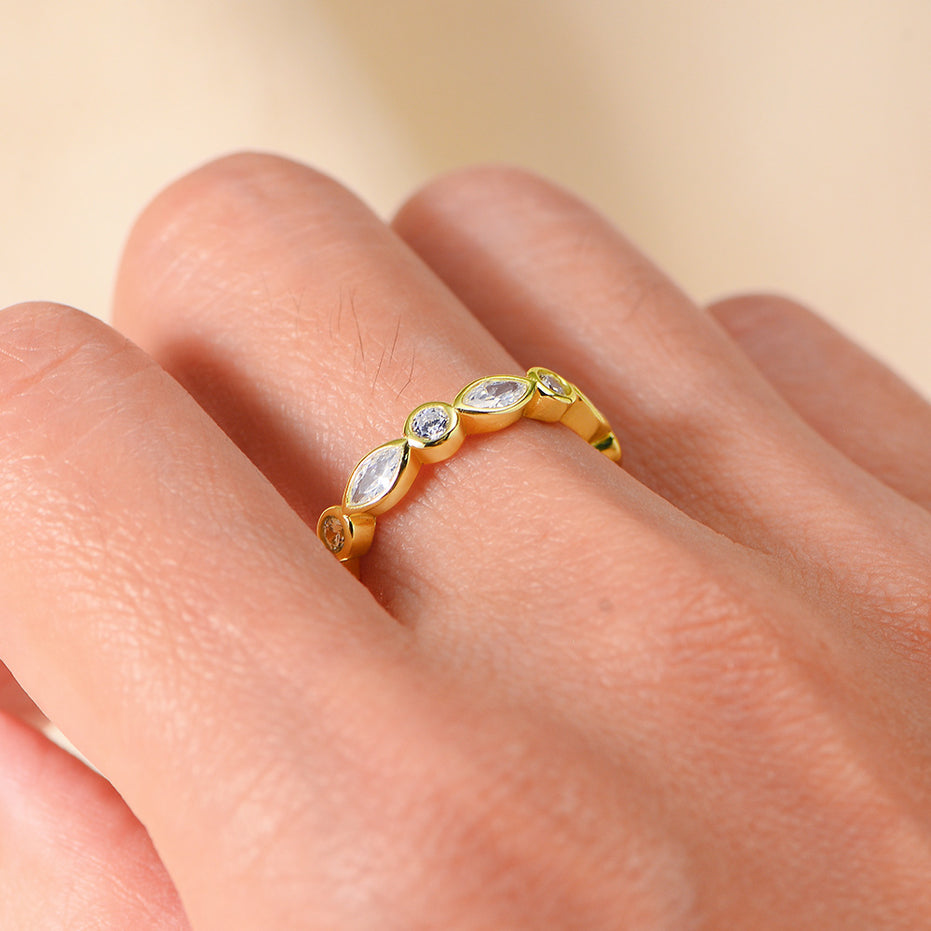 925 Sterling Silver Geometric Round Marquise-Cut Zircon Ring