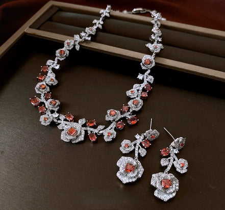 Retro Zircon Rose Flower Earrings & Necklace Set