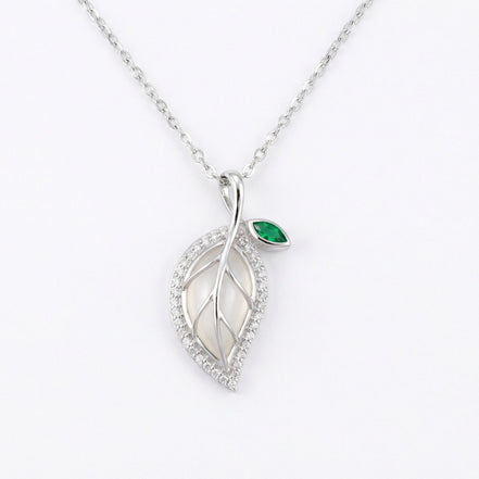 925 Sterling Silver Leaf Necklace with Green Gemstone