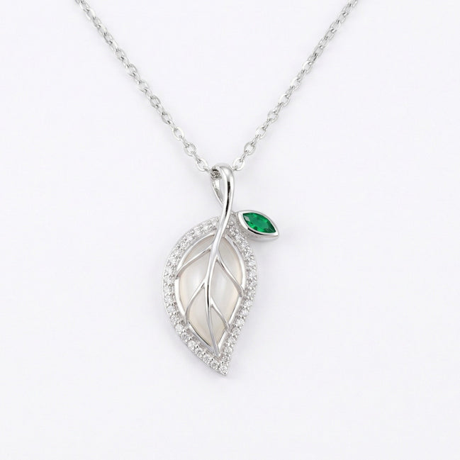 925 Sterling Silver Leaf Necklace with Green Gemstone