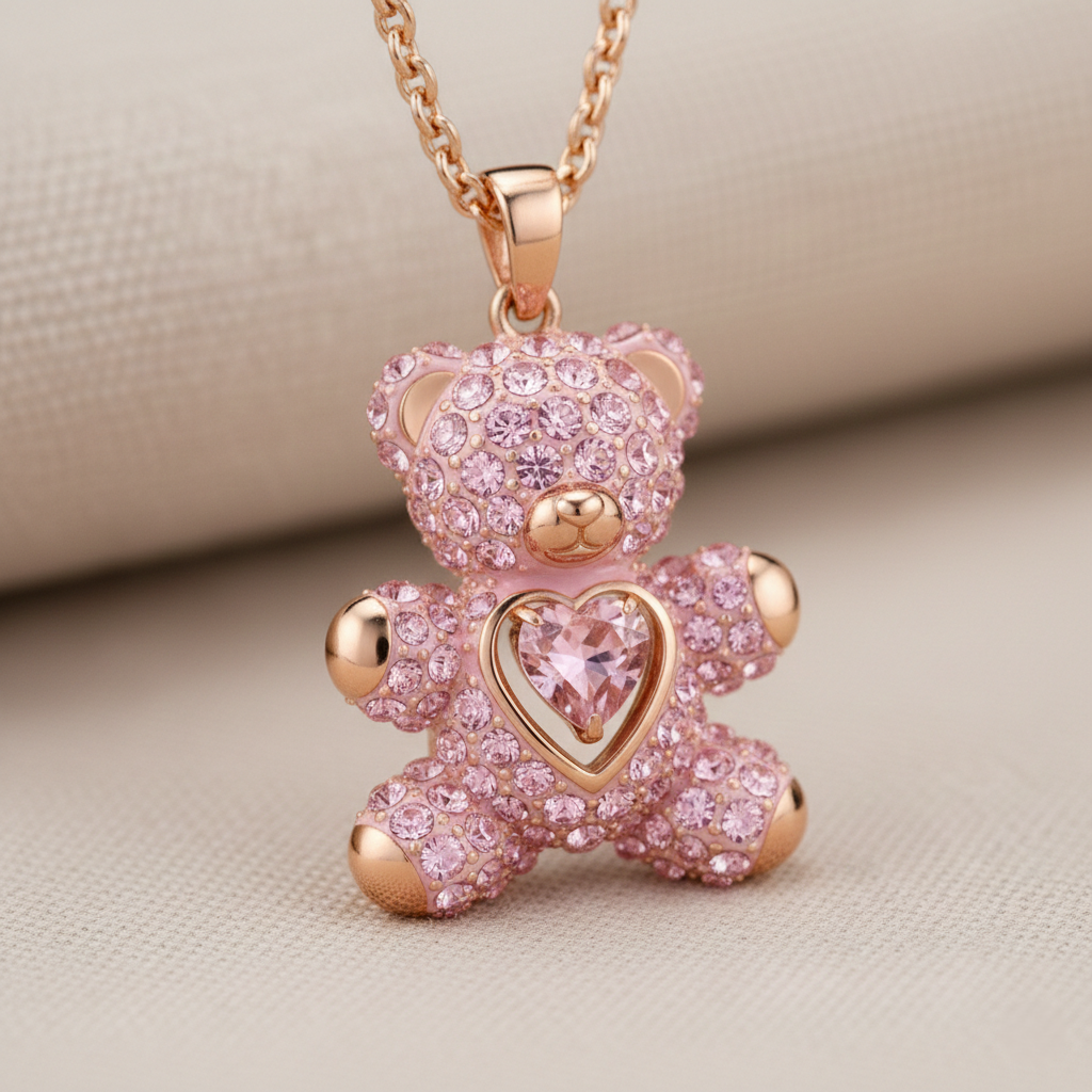 Rose Gold Pink Crystal Teddy Bear Necklace