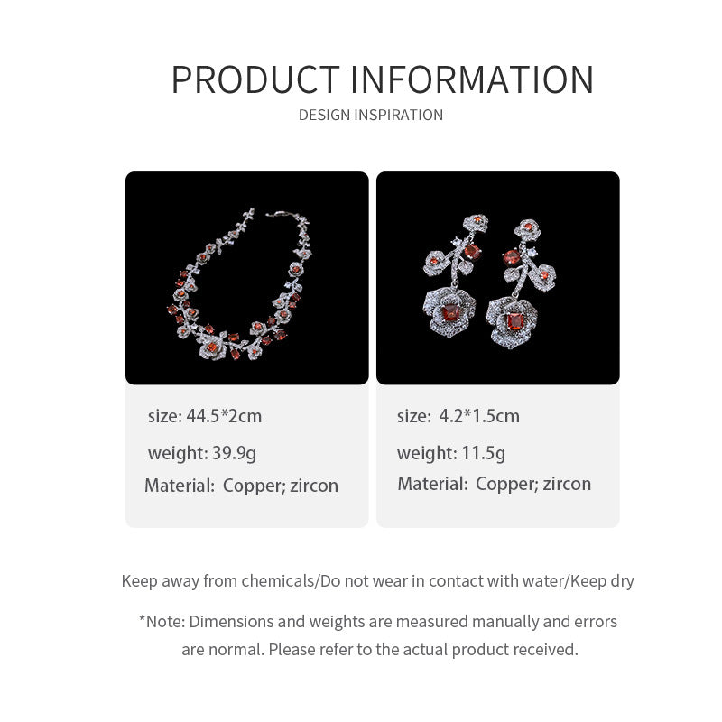 Retro Zircon Rose Flower Earrings & Necklace Set
