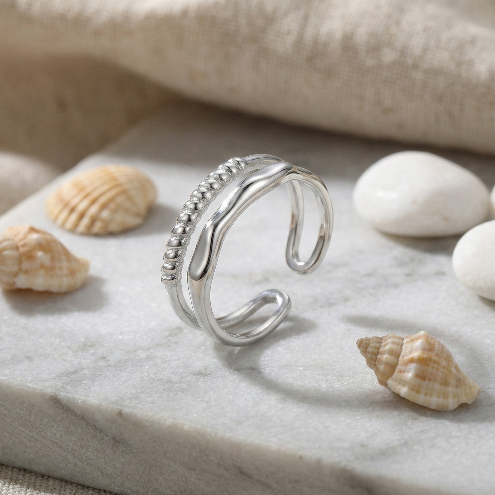 Modern Adjustable Double Layer Ring with Beaded & Wavy Bands