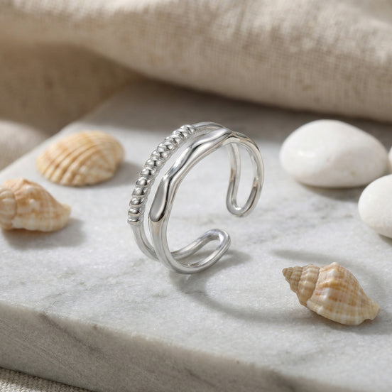 Modern Adjustable Double Layer Ring with Beaded & Wavy Bands