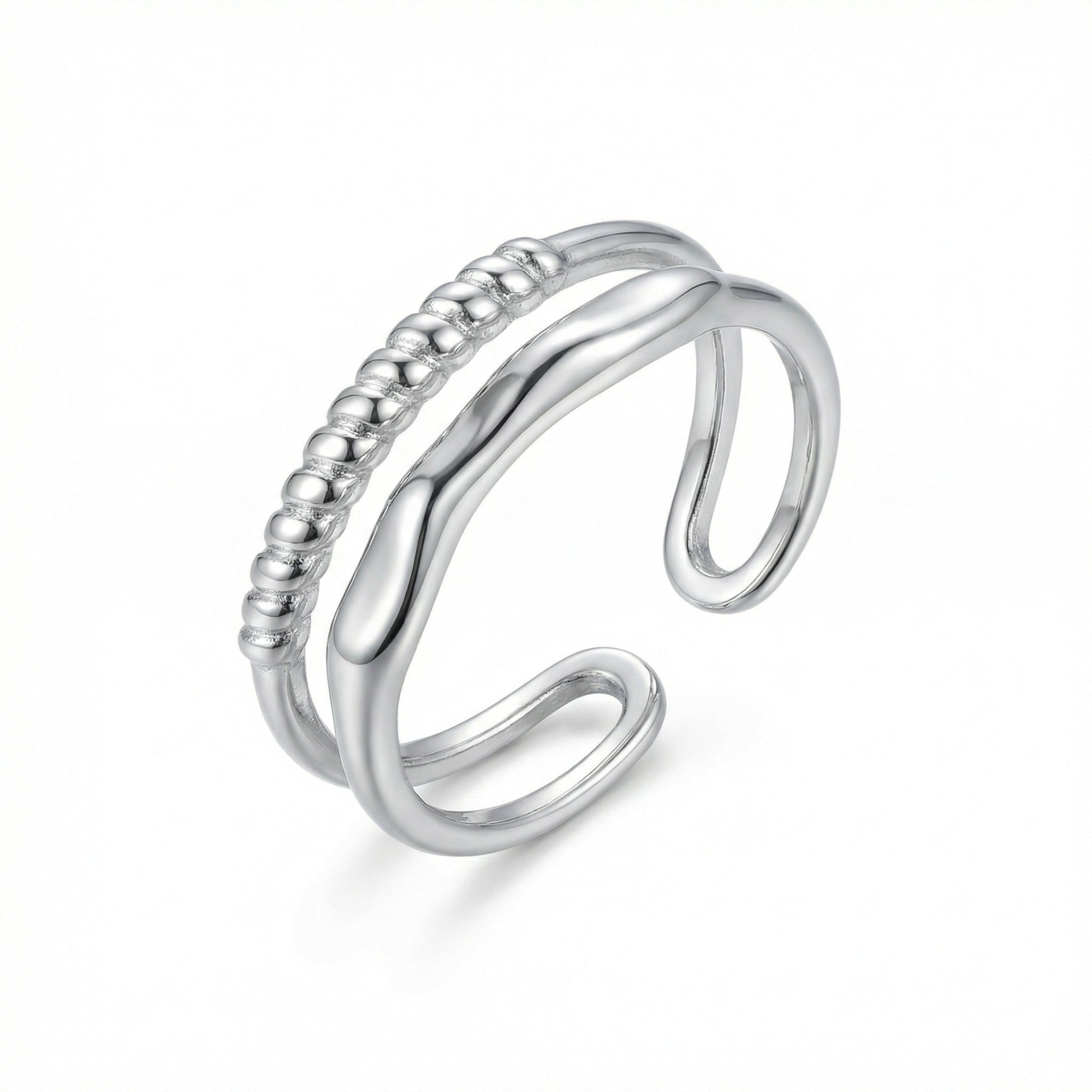 Modern Adjustable Double Layer Ring with Beaded & Wavy Bands