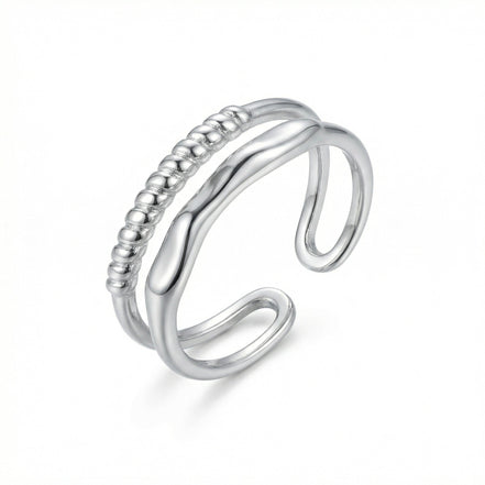 Modern Adjustable Double Layer Ring with Beaded & Wavy Bands