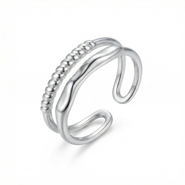 Modern Adjustable Double Layer Ring with Beaded & Wavy Bands