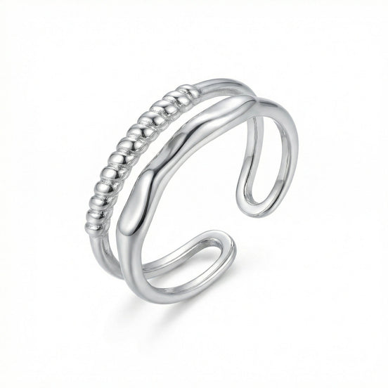 Modern Adjustable Double Layer Ring with Beaded & Wavy Bands