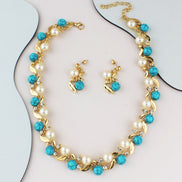 Pearl & Turquoise Necklace Earrings Set