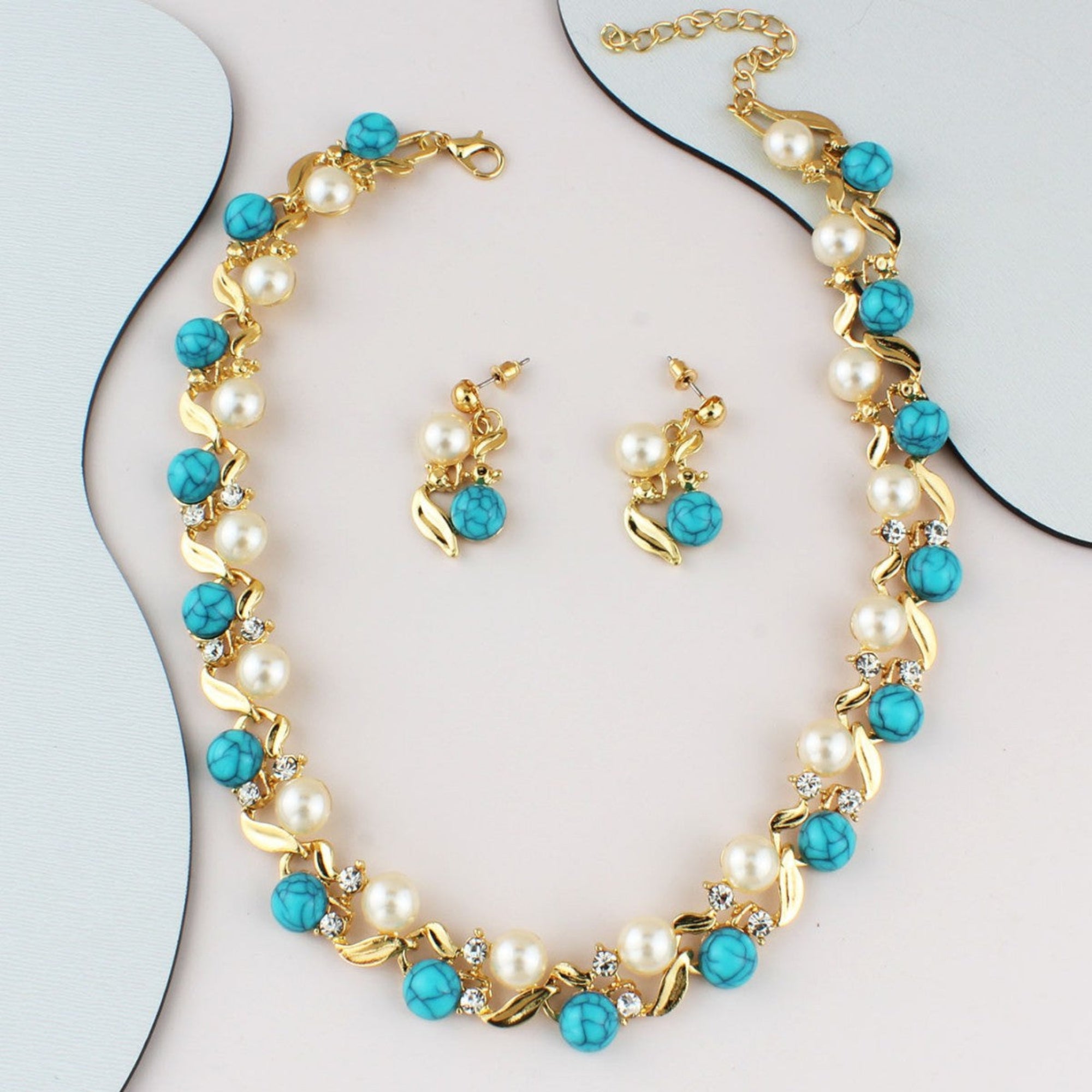 Pearl & Turquoise Necklace Earrings Set