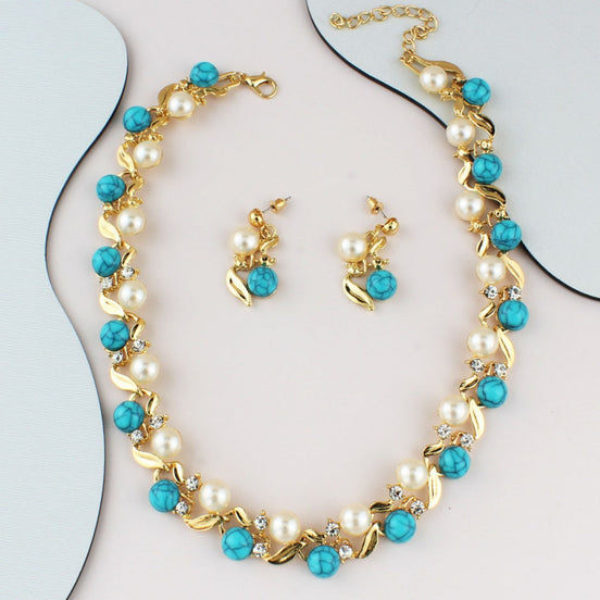 Pearl & Turquoise Necklace Earrings Set