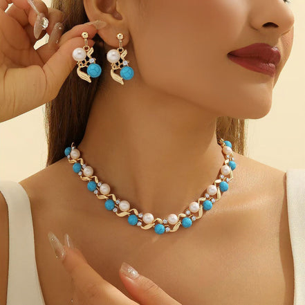 Pearl & Turquoise Necklace Earrings Set