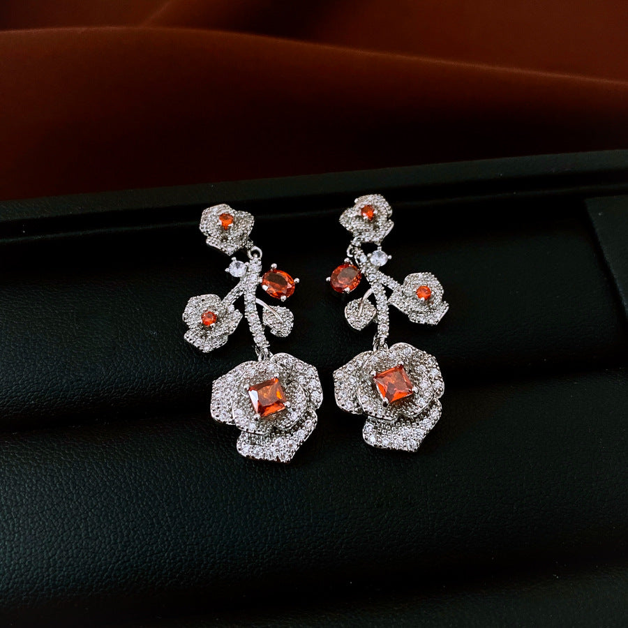 Retro Zircon Rose Flower Earrings & Necklace Set