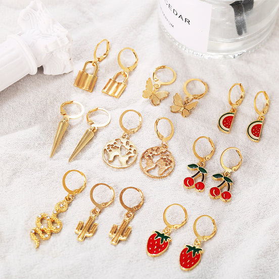Gold Charm Hoop Earring Set 9 Pieces