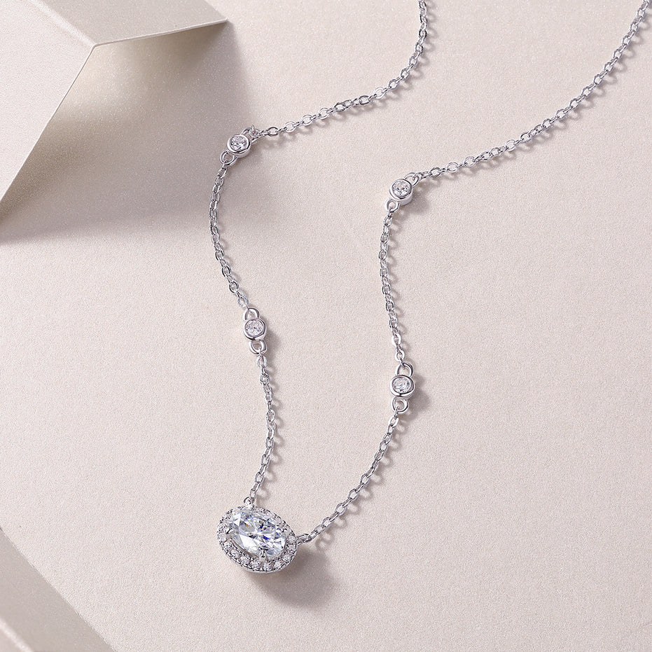 Egg-Shape Moissanite Pendant Necklace | Platinum S925 Silver | Minimalist
