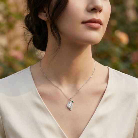 925 Sterling Silver Leaf Necklace with Green Gemstone