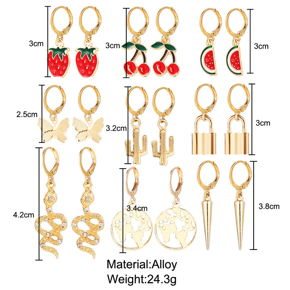 Gold Charm Hoop Earring Set 9 Pieces
