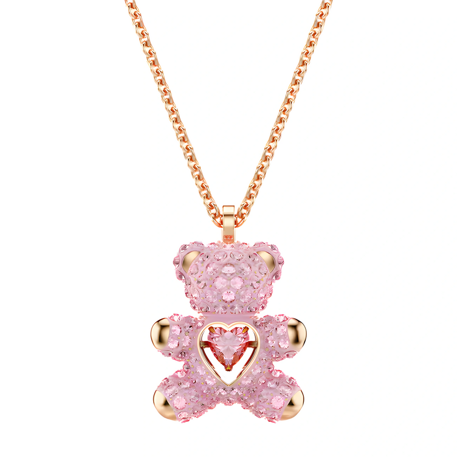 Rose Gold Pink Crystal Teddy Bear Necklace