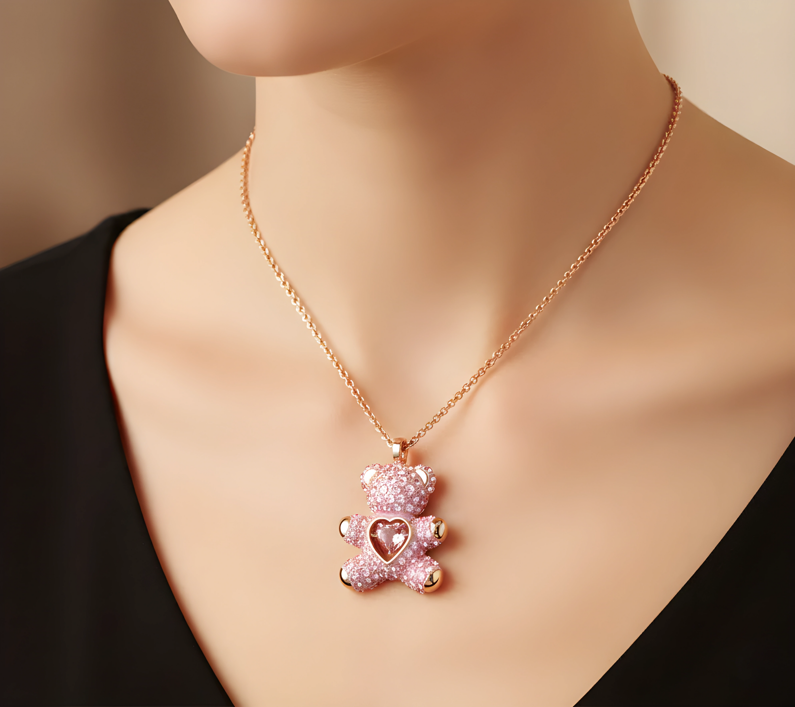 Rose Gold Pink Crystal Teddy Bear Necklace