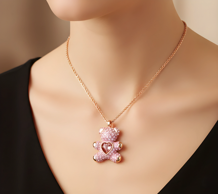 Rose Gold Pink Crystal Teddy Bear Necklace