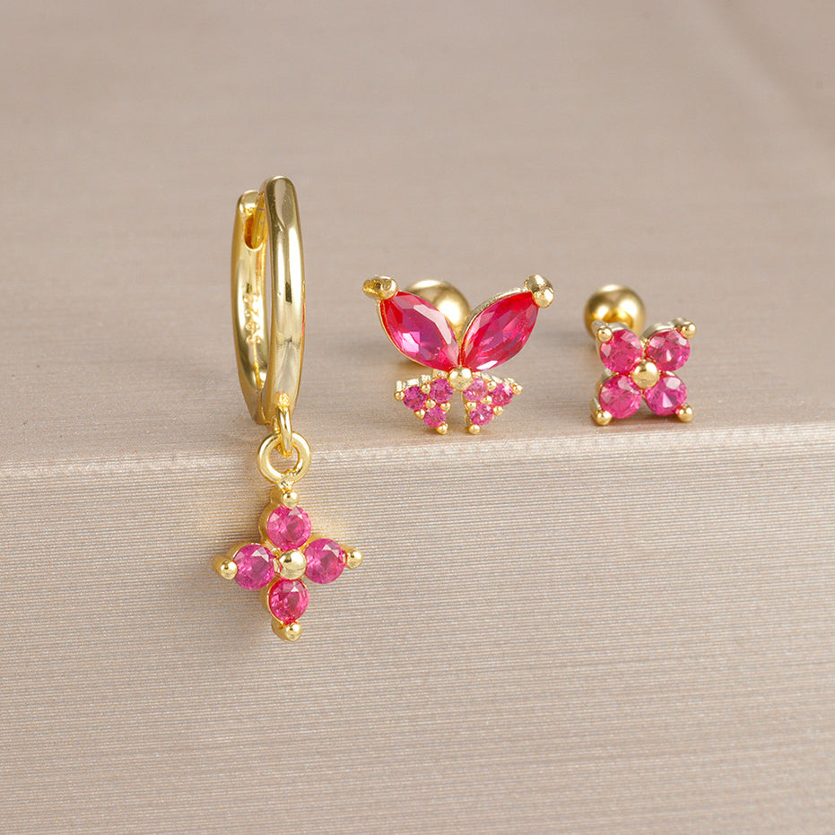 Gold-Plated Silver Ruby-Pink CZ Earring Set