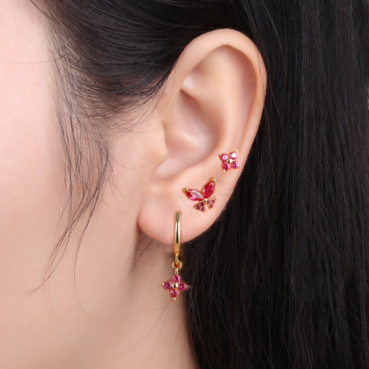 Gold-Plated Silver Ruby-Pink CZ Earring Set