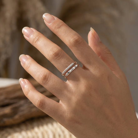 Modern Adjustable Double Layer Ring with Beaded & Wavy Bands