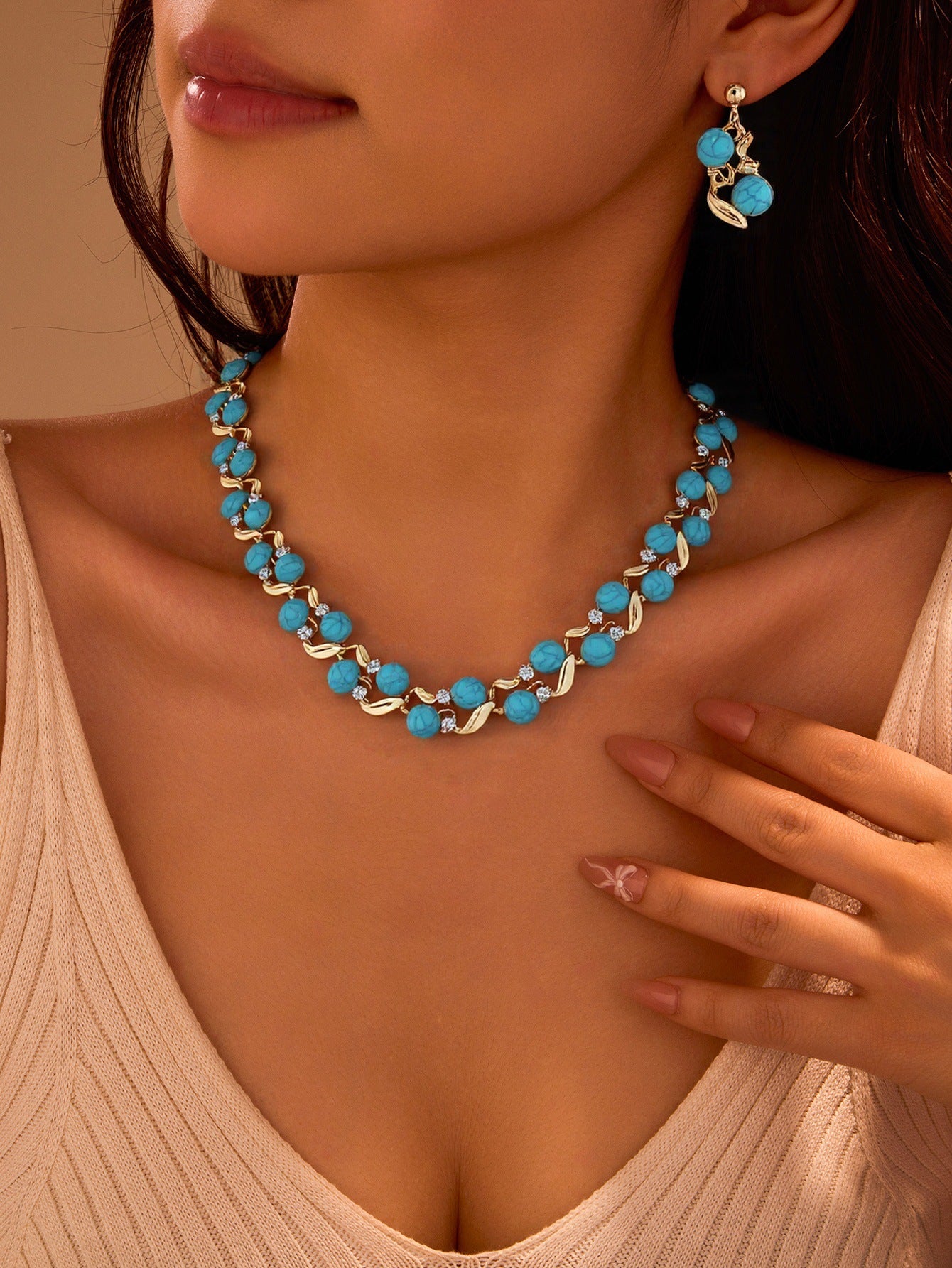 Pearl & Turquoise Necklace Earrings Set