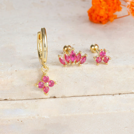 Gold-Plated Silver Ruby-Pink CZ Earring Set